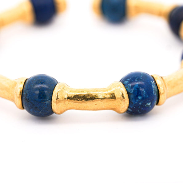 Lapis Lazuli 21K Gold Hammered Finish Bead Bangle Bracelet