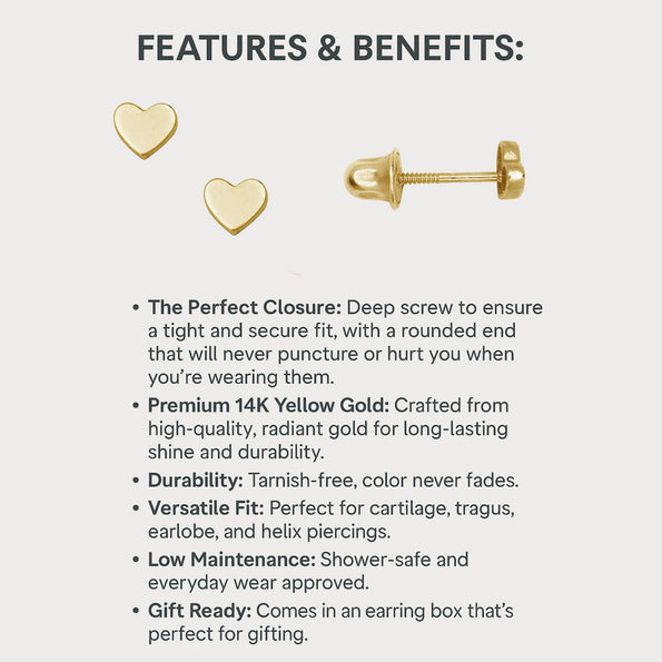 Mini 14k Gold Heart Stud Earrings On Screw Backs