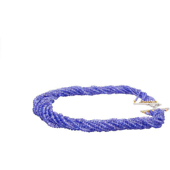 Multi-Strand Blue Tanzanite Beads & Round Cut Diamond Necklace in 18K White Gold