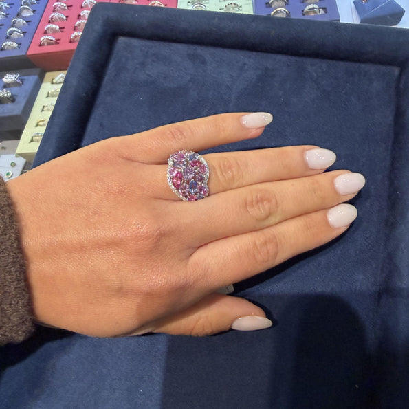 Multicolor Sapphire Pear Marquise Mix & Diamond Cluster 18K White Gold Dome Ring