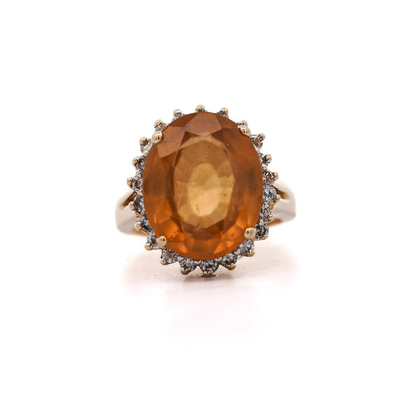 Natural 11.03 Carat Oval Spessartine Garnet Diamond Halo 14K Yellow Gold Ring