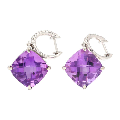 Natural 13.12 Carat Cushion Cut Amethyst & Diamond Dangling Earrings