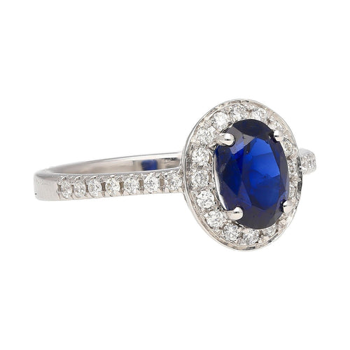 Natural 1.45 Carat Oval Cut Blue Sapphire and Diamond Halo 18k White Gold Ring