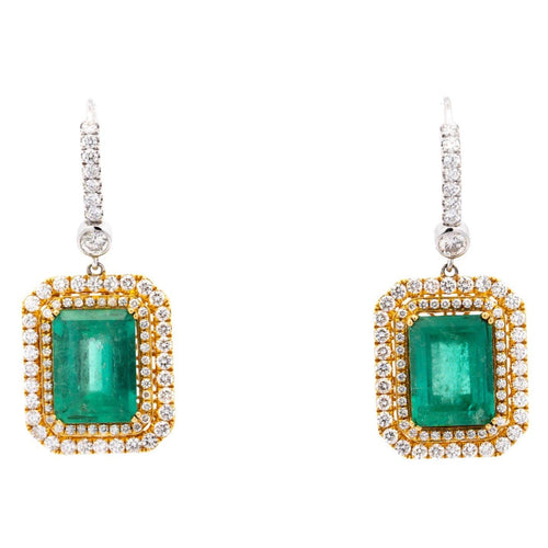 Natural Colombian 7.36 CTTW Emerald & Diamond Halo Dangle Drop 18K Gold Earrings