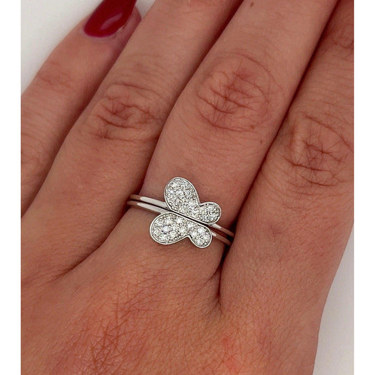 Natural Diamond Butterfly Ring 14K Gold Two-Piece Stack Ring