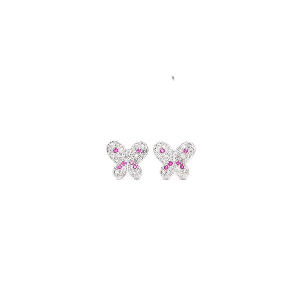 Natural Diamond and Pink Sapphire Cluster Butterfly Stud Earrings in 14K White Gold