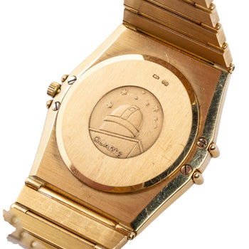 Omega Constellation Manhattan 18K Gold Roman Numeral Bezel Champagne Dial Watch – Assay Jewelers