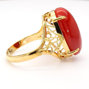 Oval Redish Orange Coral Cabochon 18K Gold Filigree Scrollwork Ring – Assay Jewelers