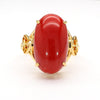 Oval Redish Orange Coral Cabochon 18K Gold Filigree Scrollwork Ring