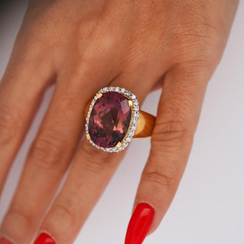 18.75 Carat Cushion Cut Pink Tourmaline & Diamond Halo Set 18K Yellow Gold Ring – Assay Jewelers