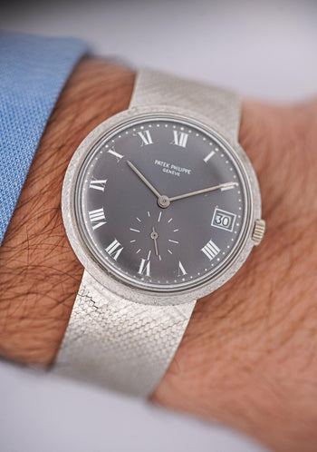 Patek Philippe Calatrava 35MM 18K White Gold Mesh Bracelet Gray Dial Watch – Assay Jewelers