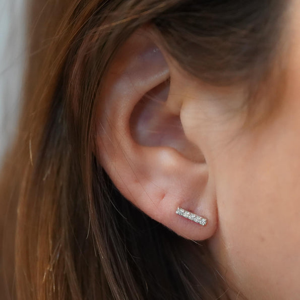 Pave Natural Diamond Flush Bar 14K Stud Earring