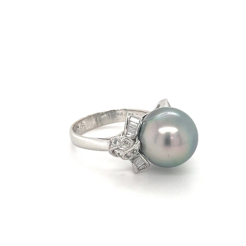 Pearl and Diamond Cocktail BowTie Style Ring in 18k White Gold