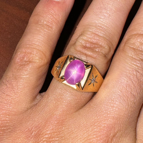 Pink Star Sapphire & Diamond 14K Gold Unisex Statement Ring