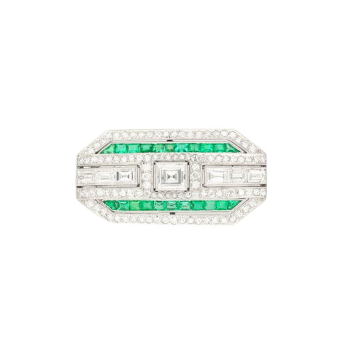 Platinum and 18K White Gold Brooch with Diamonds and Emerald