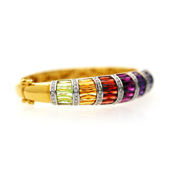 Rainbow Multi-Color Gemstone Baguette 18K Gold Band Bangle Bracelet