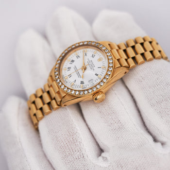 Rolex OP DateJust Presidential White Face 26mm Diamond Bezel 18K Gold Watch – Assay Jewelers