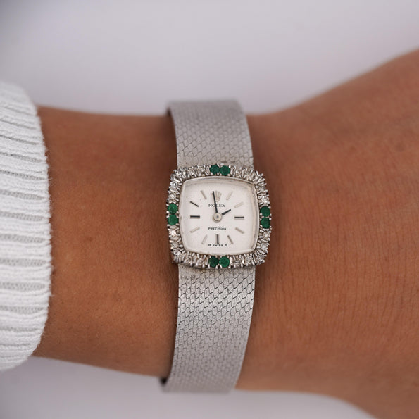 Rolex Precision Emerald & Diamond Bezel 18K White Gold Frosted Bracelet Watch