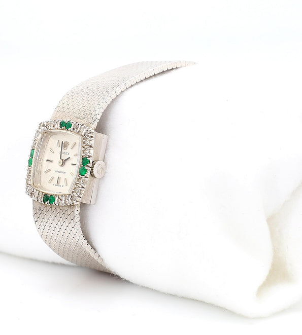 Rolex Precision Emerald & Diamond Bezel 18K White Gold Frosted Bracelet Watch