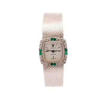 Rolex Precision Emerald & Diamond Bezel 18K White Gold Frosted Bracelet Watch – Assay Jewelers