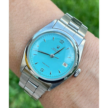 Rolex Turquoise Blue Oyster Perpetual Date Precision 36mm Vintage 1963 Watch In Stainless Steel With Oyster Bracelet – Assay Jewelers