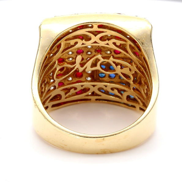 Ruby Sapphire & Diamond USA Flag 14K Gold Mens 4th of July Signet Ring