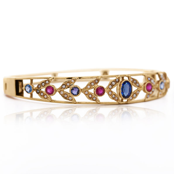Sapphire, Ruby, & Seed Pearl 14K Gold Openwork Bangle Bracelet