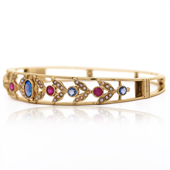 Sapphire, Ruby, & Seed Pearl 14K Gold Openwork Bangle Bracelet