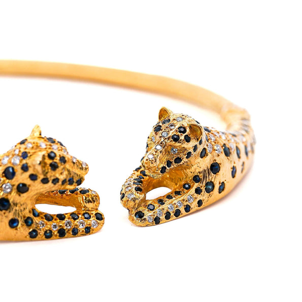 Sapphire and Diamond 18K Gold Leopard Motif Choker Necklace