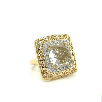 スカイブルートパーズとダイヤモンドの14Kゴールド製カーブフィリグリー幅広フレームRing – Assay Jewelers