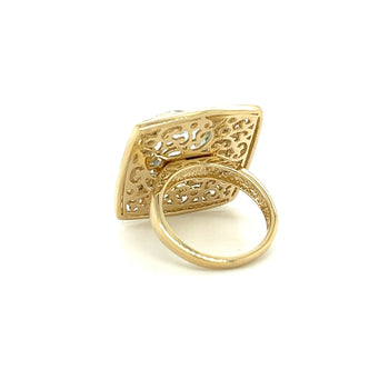 スカイブルートパーズとダイヤモンドの14Kゴールド製カーブフィリグリー幅広フレームRing – Assay Jewelers
