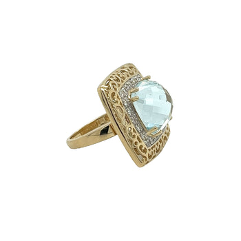 スカイブルートパーズとダイヤモンドの14Kゴールド製カーブフィリグリー幅広フレームRing – Assay Jewelers