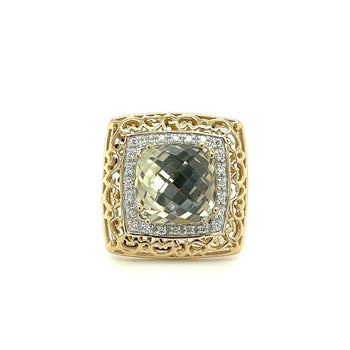 スカイブルートパーズとダイヤモンドの14Kゴールド製カーブフィリグリー幅広フレームRing – Assay Jewelers
