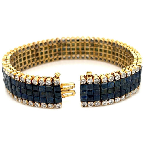 Square Cut Blue Sapphire and Diamond Cluster Tennis Bracelet