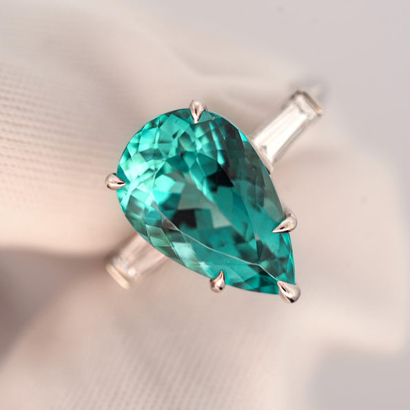 Tiffany & Co. 6.5 Carat Pear Cut Green-Blue Tourmaline and Diamond Platinum Ring