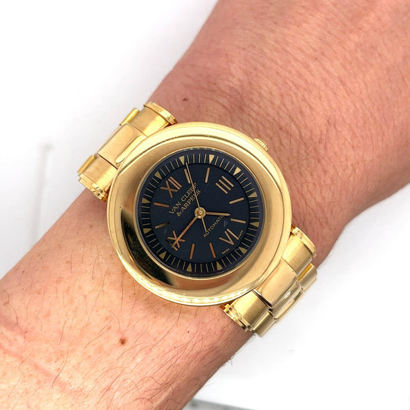Montre automatique Van Cleef & Arpels en or 18K, cadran noir 37 mm, bracelet en or
