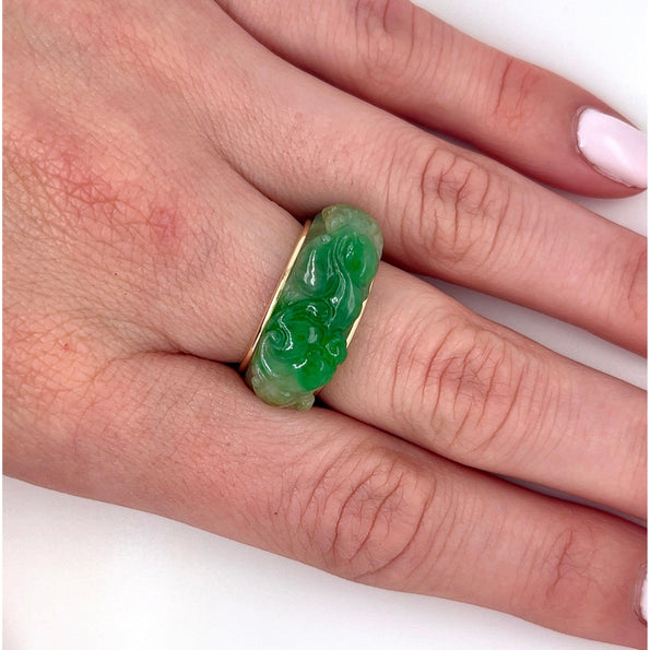 Vintage 14K Yellow Gold Detachable Carved Jadeite Jade Ring