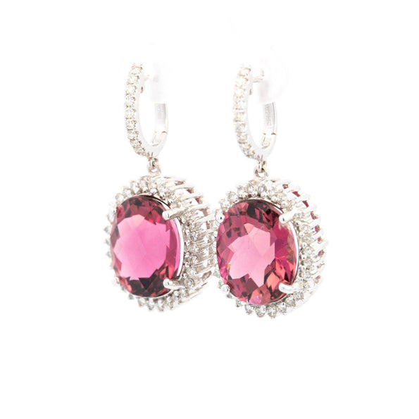Vintage 16 Carat Pink Checkerboard Oval-Cut Tourmaline and Diamond Earring