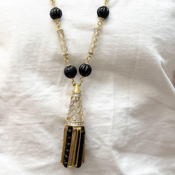 Vintage 18K Gold Tassel Necklace Quartz Black Onyx Diamond - 30 inches