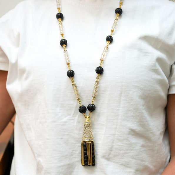 Vintage 18K Gold Tassel Necklace Quartz Black Onyx Diamond - 30 inches