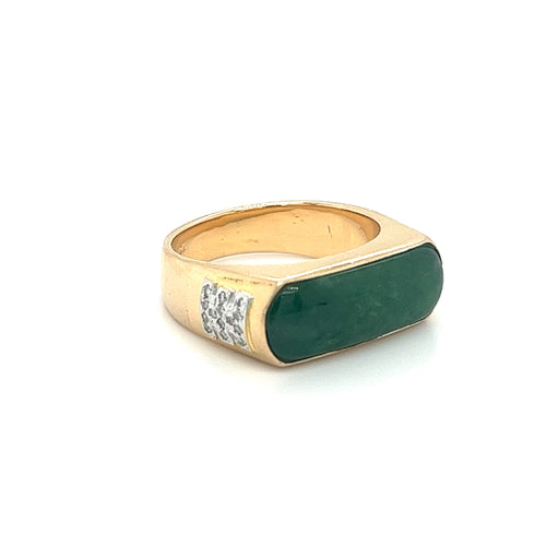 Vintage 18K Yellow Gold Jadeite Jade and 0.20 CTW Diamond Horizontal Wide Face Unisex Ring