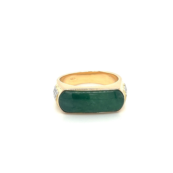 Bague unisexe large horizontale Anciens en or jaune 18K avec jadeite, jade et diamant 0,20 CTW