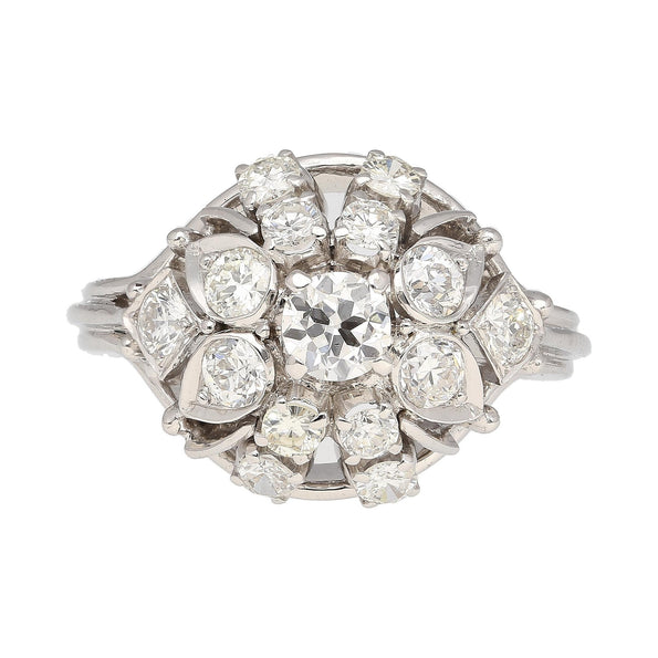 Bague fleur Anciens en or blanc 14k avec diamant taille ancienne européenne de 1,30 carat