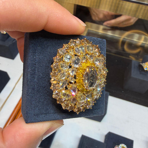 Vintage 22 Carat Multi-Color Rose Cut & Round Diamond Cluster 18K Gold Dome Ring