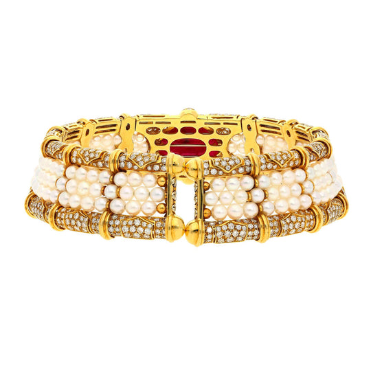 Vintage 45 Carat No Heat Ruby, Diamond, and Pearl Cuff Choker Necklace