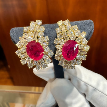Vintage 4.5 Carat Ruby & Diamond Cluster Clip On Earrings in 18K Yellow Gold – Assay Jewelers