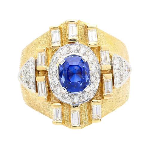 Vintage 4.57 Carat Blue Sapphire & Baguette Diamond Mens Matte Finish Gold Ring