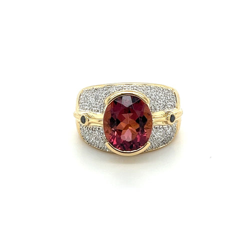 Vintage 6 Carat Pinkish Red Oval Cut Tourmaline Bezel Set Unisex Ring in 18K Yellow Gold