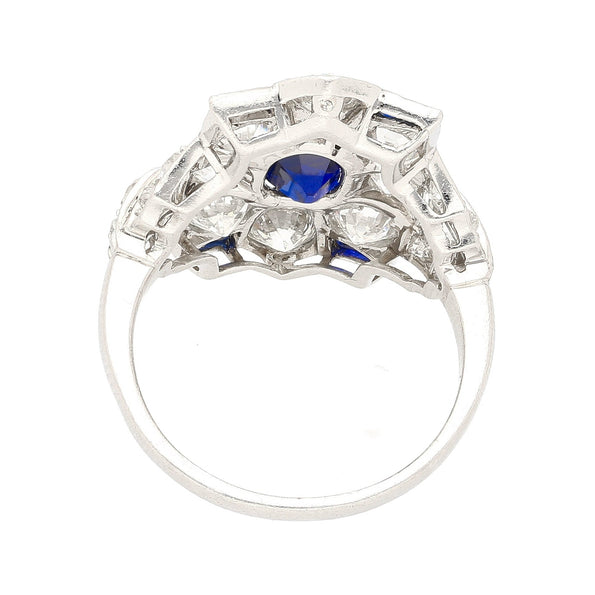Vintage AGL Certified No Heat Blue Sapphire and Old Euro Cut Diamond Ring in Platinum
