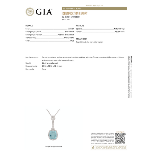 Vintage Art Deco Era GIA Certified Aquamarine and Old Euro Cut Diamond Necklace